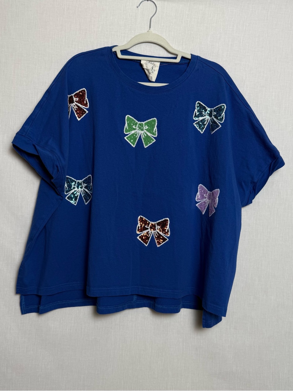 Fantastic Fawn Blue Sequin Bow Oversized Top Medium Coquette Cotton Tee